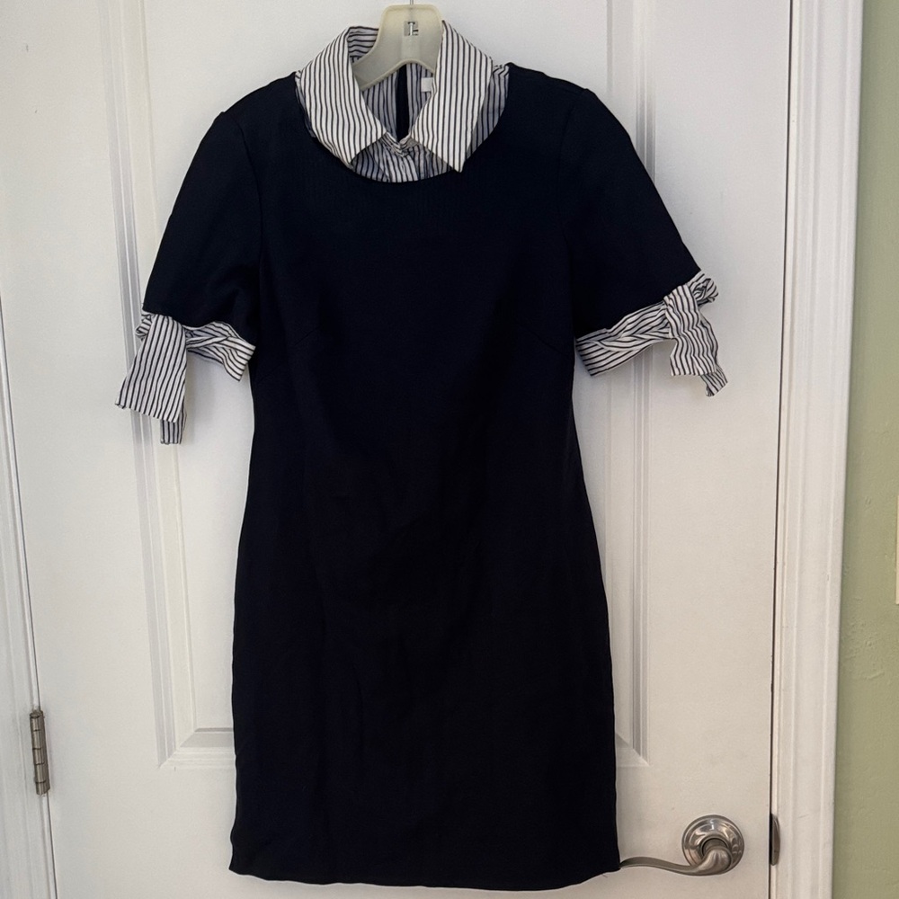 1901 Navy Blue Dress with White Striped Shirt Attached